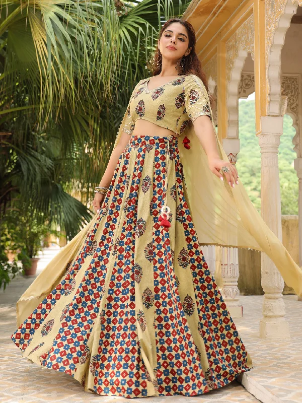 Beige Pure Cotton Ethnic Motifs Printed Lehenga Choli with Dupatta Set