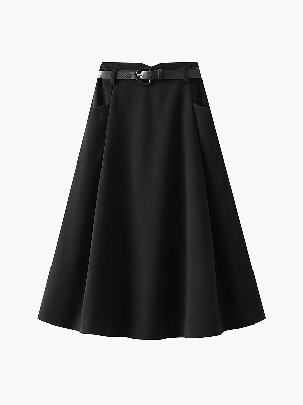 BerryBetty - Belted Elastic Waistband Pleat Midi Skirt