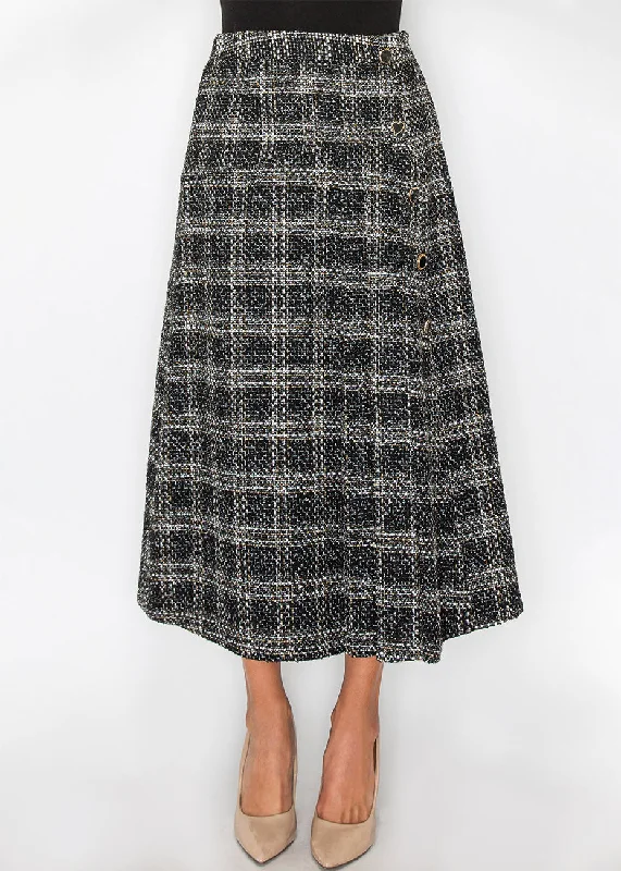 Black Tweed Plaid Midi Skirt