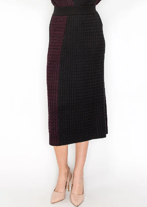 Burgundy and Black Cable Knit Contrast Skirt