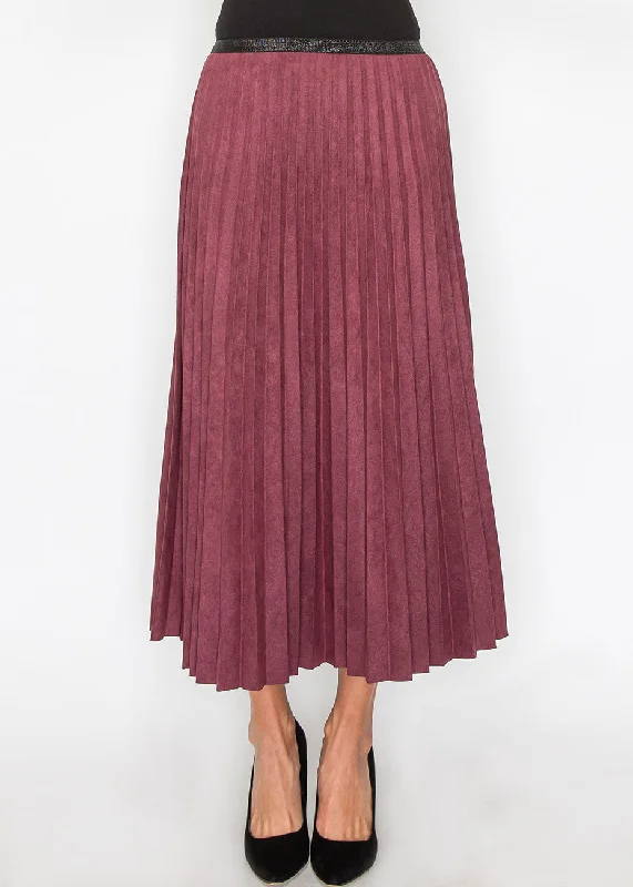 Elegant Burgundy Suede Pleat Midi Skirt