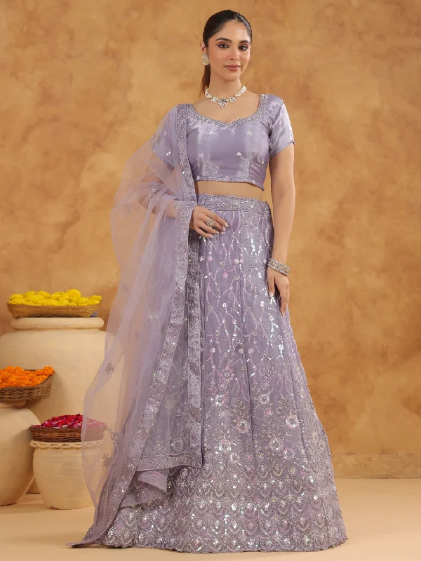 Lavender Organza Embroidered Semi-Stitched Lehenga & Unstitched Choli with Dupatta Set