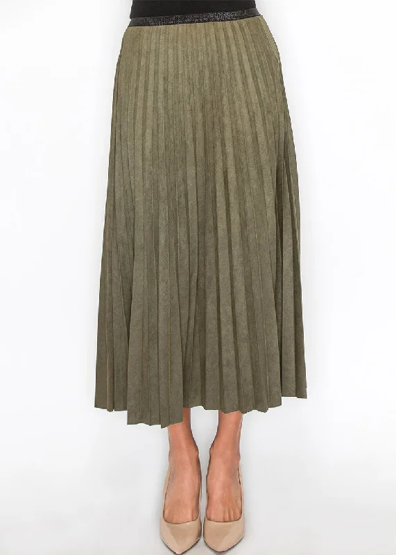 Olive Pleated Suede Midi Skirt