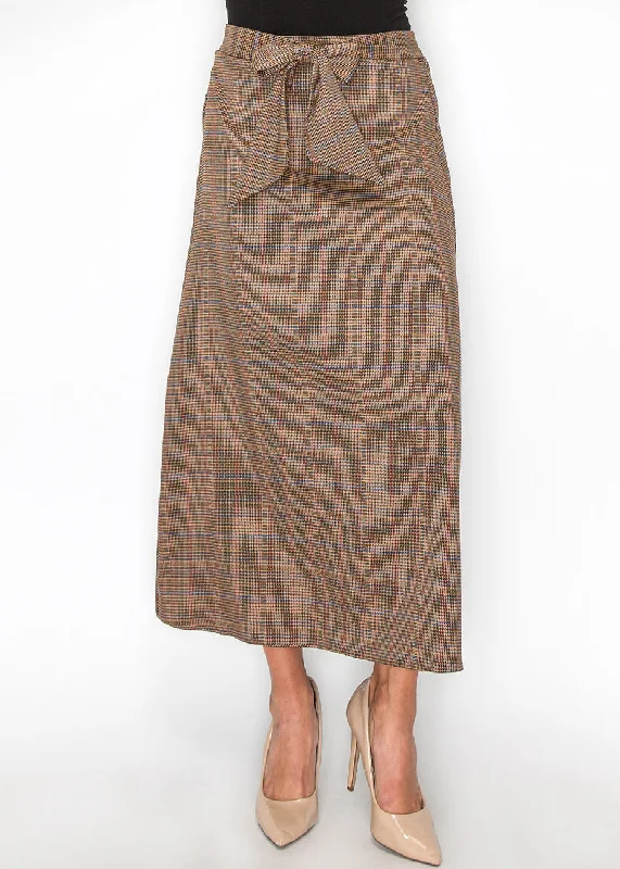 Plaid Tie-Front Midi Skirt