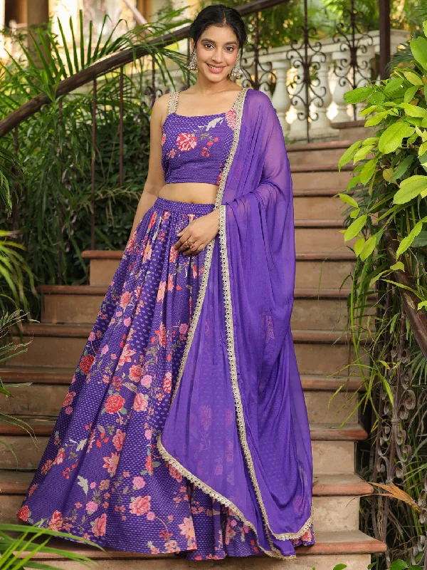 Purple Georgette Floral Printed Gathered Lehenga Choli Set