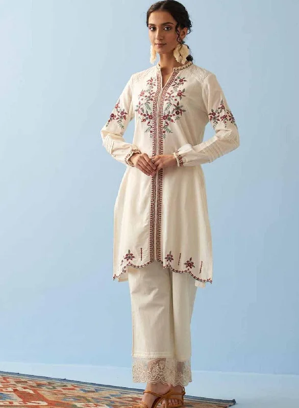 Ivory Embroidered Kurta for Women with Puffed Sleeves