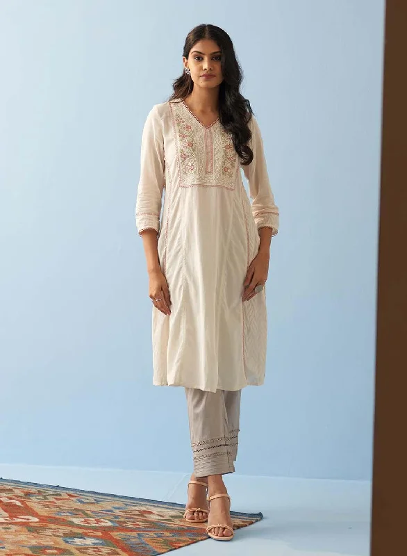 Ivory Long Flared Embroidered A-line Kurta