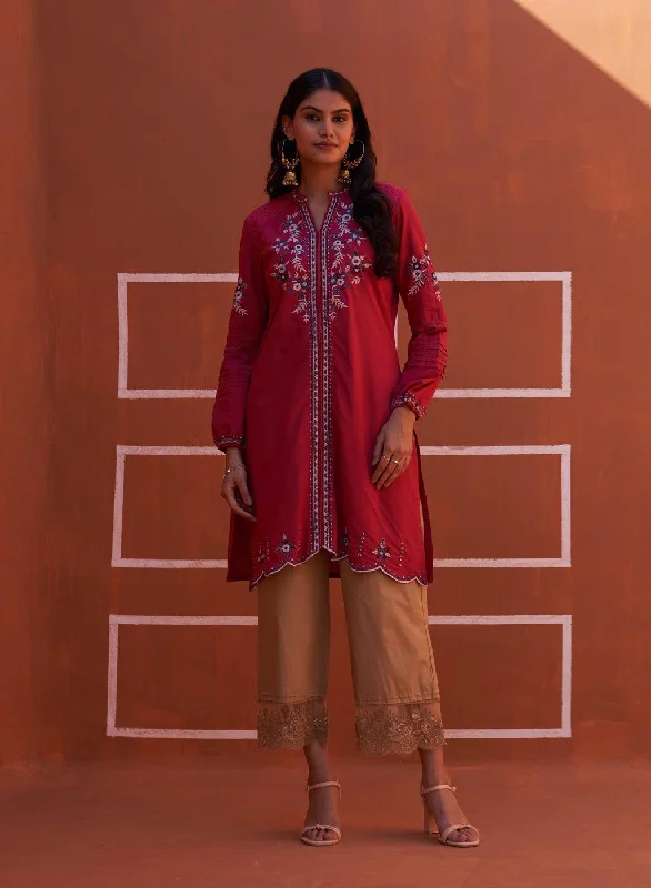 Pink Embroidered Kurta for Women with Puffed Sleeves