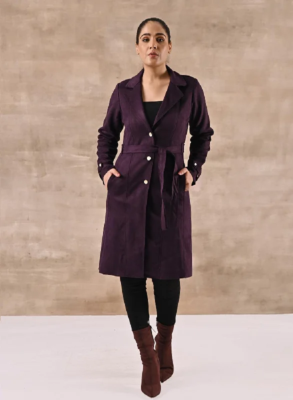 Purple Full Sleeve Tie Belt Trench Coat