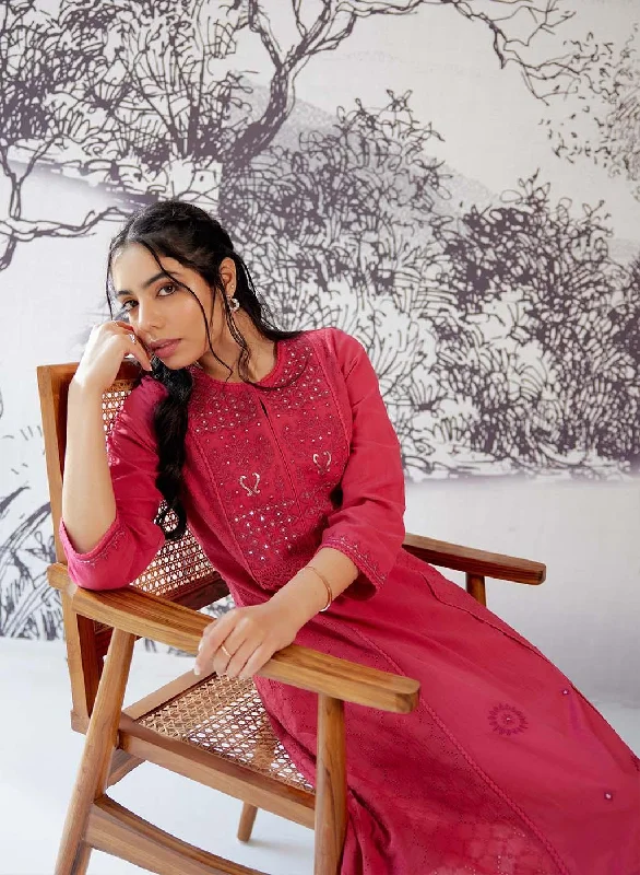 Red Mirror and Embroidery Long Kurta