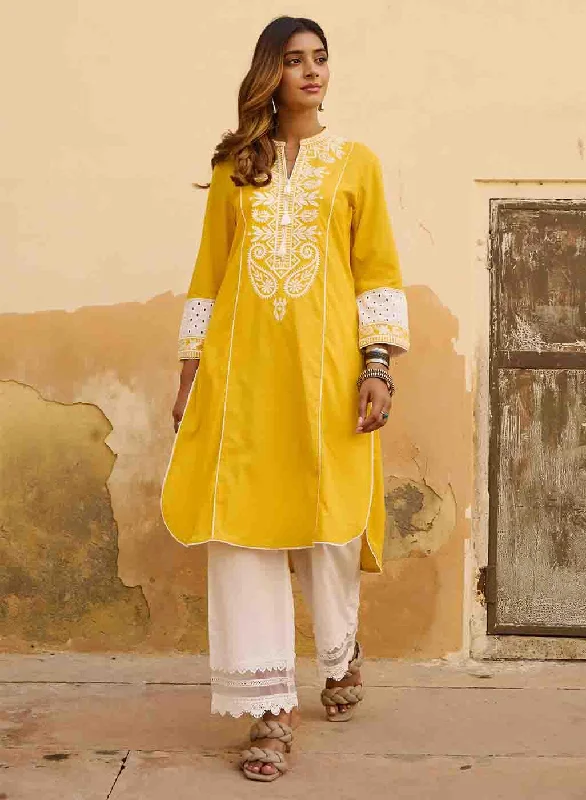 Yellow Embroidered Kurta with Asymmetric Hem and Schiffili Detailing on the Sleeves