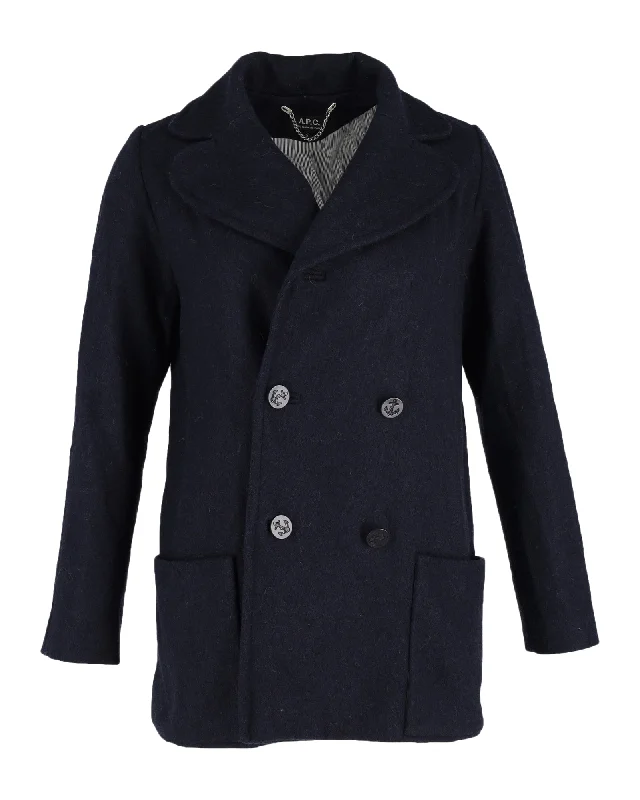 A.P.C. Double-Breasted Coat in Navy Blue Wool