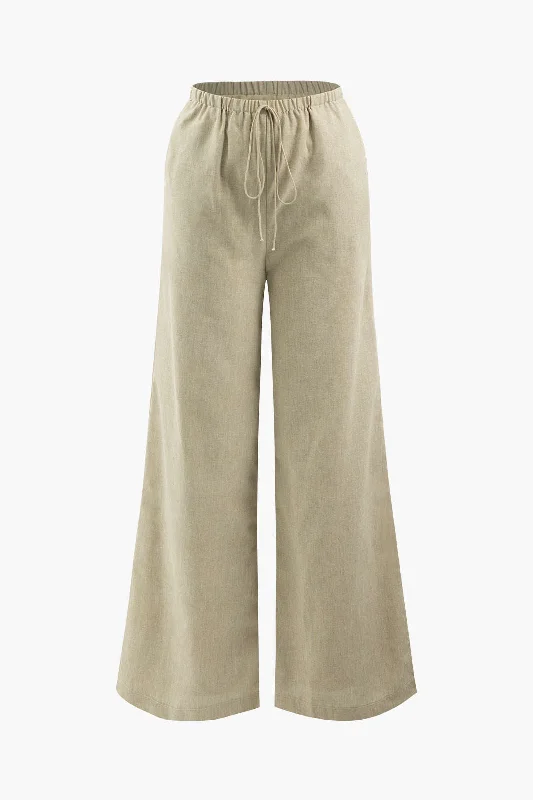 Basic Linen Drawstring Wide Leg Pants