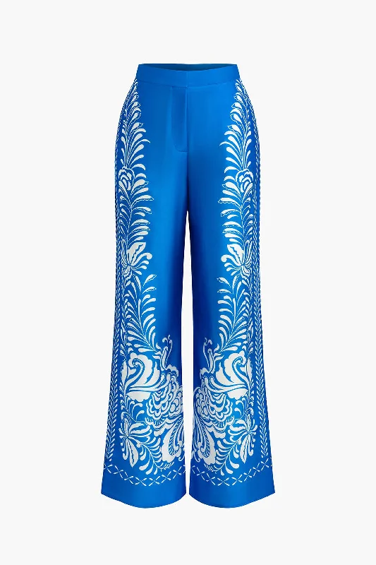 Leaves Print Satin Trousers