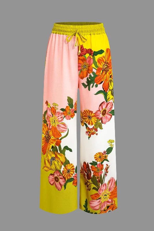 Floral Print Drawstring Wide Leg Pants