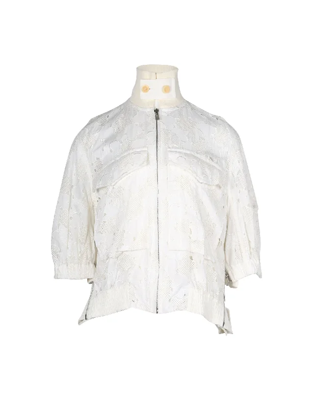 Sacai Bomber Jacket in White Cotton Lace