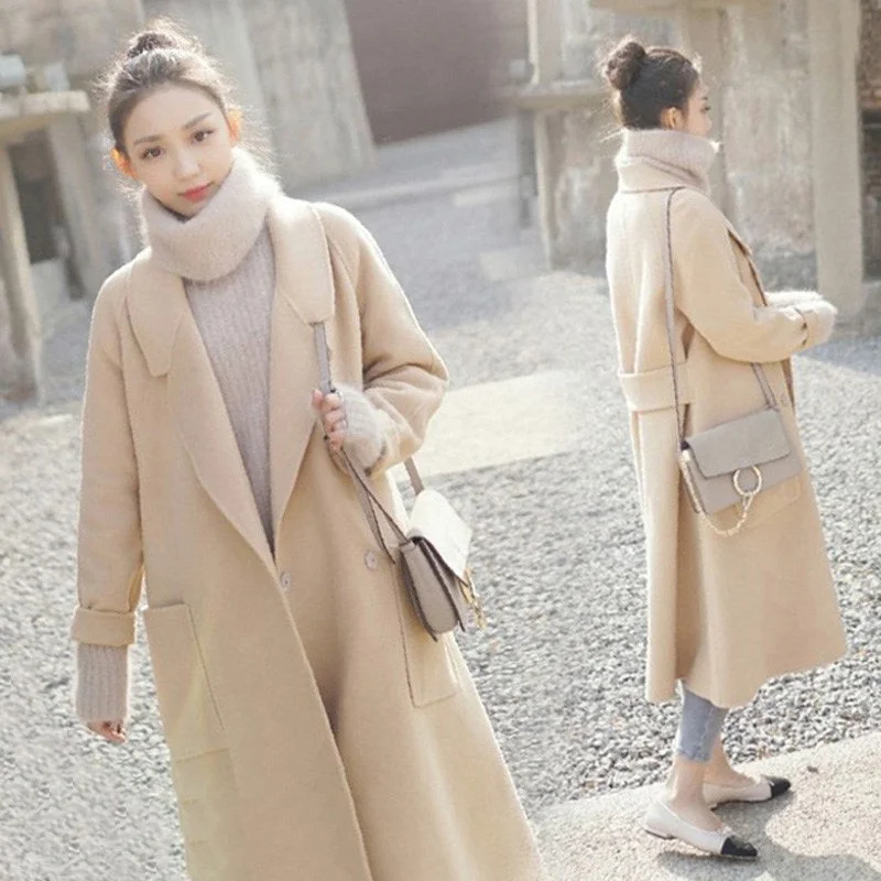 2018 Korean Autumn Winter Women Long Wool Blend Coat  Plus Size Casual Loose Warm Casaco Feminino Simple Woolen Midi Outerwear