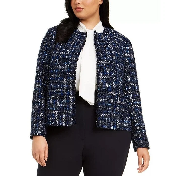 Calvin Klein Women's Blue Frayed Plaid Suit Wear To Work Jacket Blue Size 18W