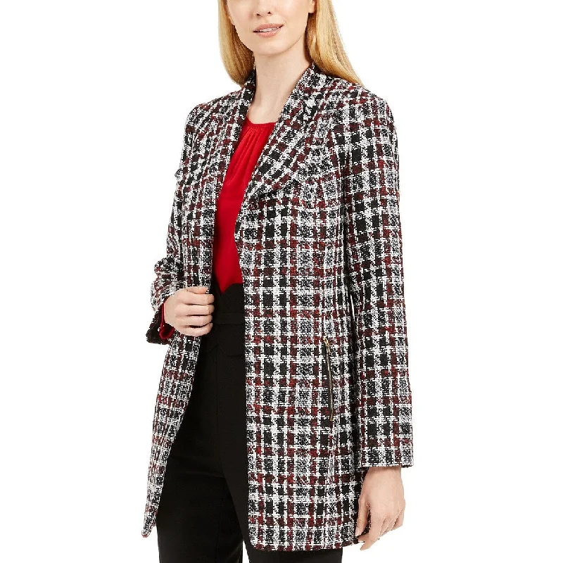 Calvin Klein Women's Petite Tweed Plaid Topper Jacket Red Size 2