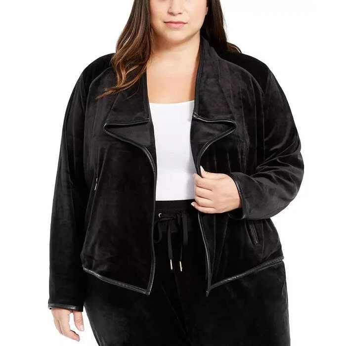 Calvin Klein Women's Plus Size Contrast-Trim Flyaway Jacket Black Size 2X