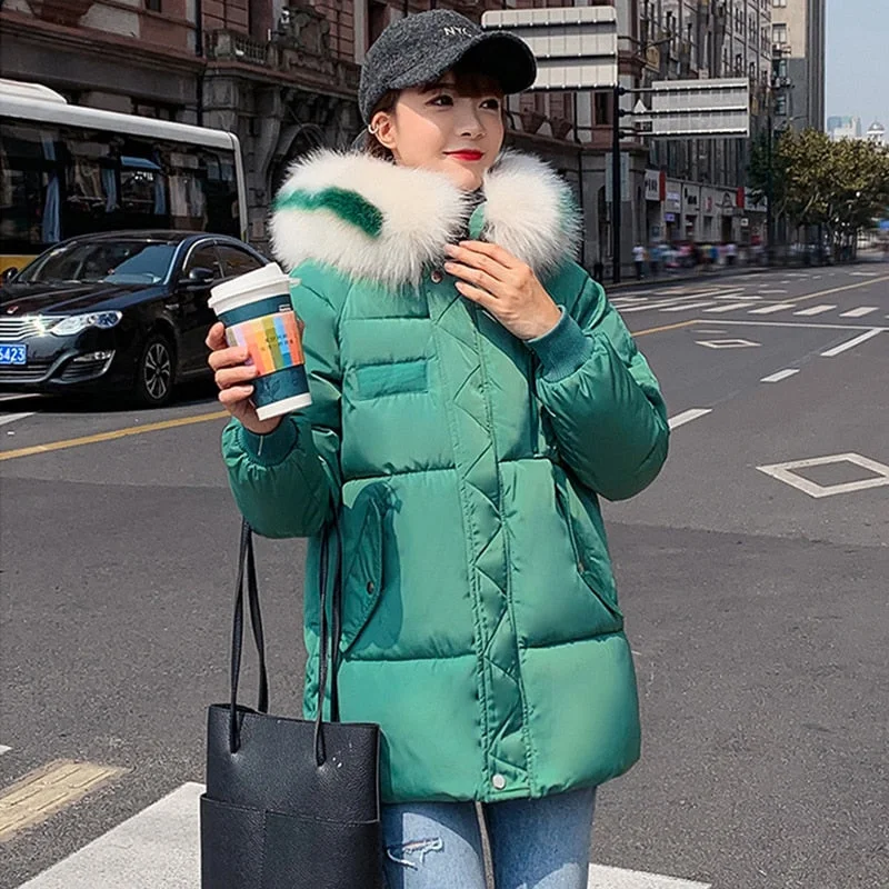 Casual Hooded Down Coats Women Winter Korean Big Size Thicken Fur Solid Zipper Parka Office Ladies Streetwear Female Down Jacket