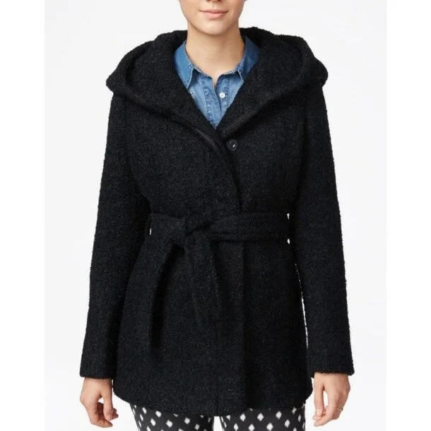 Coffeeshop Hooded Belted Walker Coat Navy Blue Size Small