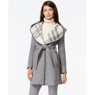 DKNY Plaid-Hood Belted Coat Grey/White in Size 10