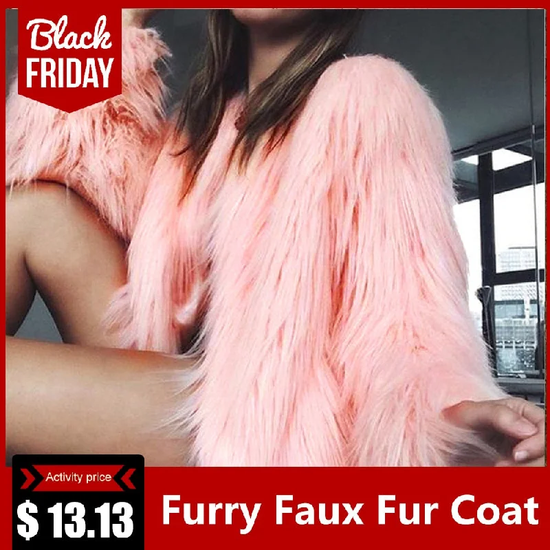 Fashion Furry Faux Fur Coat Women Fluffy Warm Long Sleeve Female Outerwear Autumn Winter Coat Jacket Hairy Collarless Overcoat