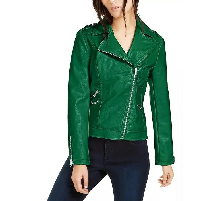 INC International Concepts Women's Faux-Leather Moto Jacket Green Size Small