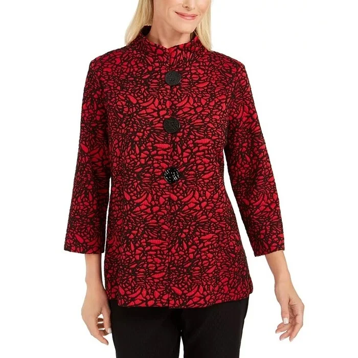 JM Collection Women's Jacquard Jacket Red Size Petite Medium - Petite Medium