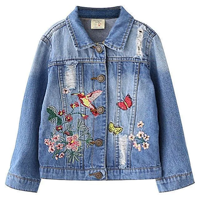 Kids Jacket Girls Jean Jacket Floral Ragged Jacket