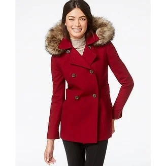 Nautica Faux-Fur-Trim Hooded Wool Peacoat Red Large