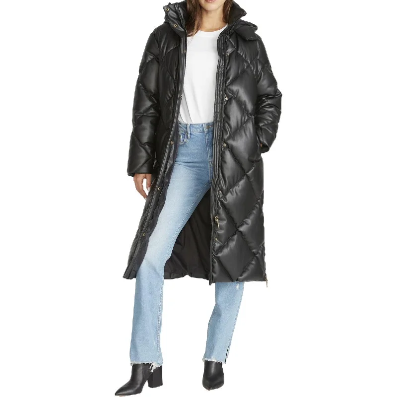 Rebecca Minkoff Women's Vegan Leather Diamond Quilted Mid-Length Puffer Coat