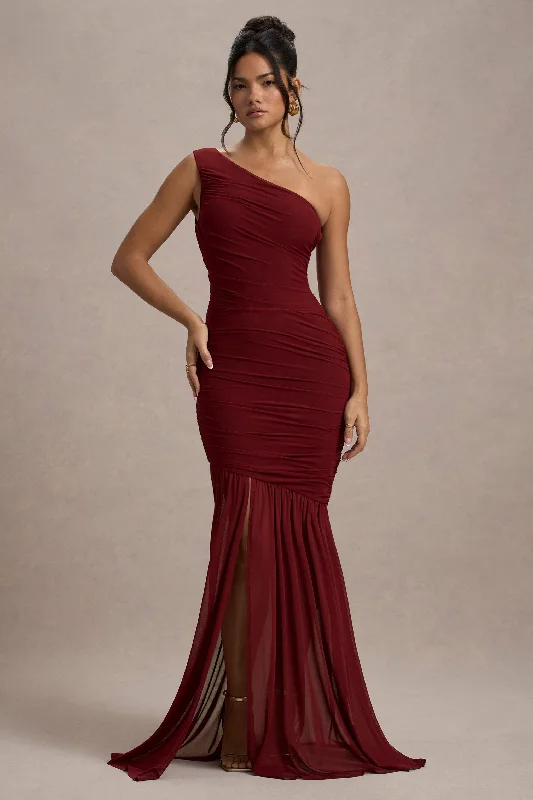 Bastia | Burgundy Ruched Mesh Asymmetric Maxi Dress