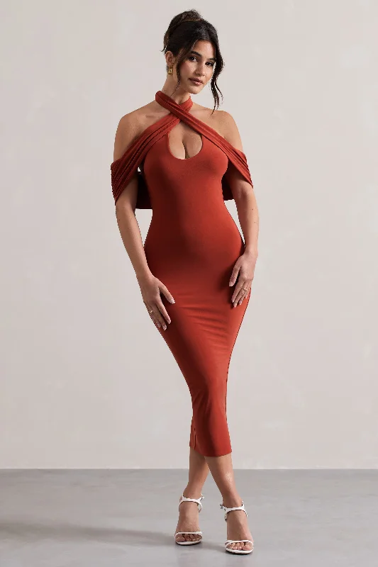 Connect | Terracotta Bodycon Halter-Neck Midi Dress With Cut-Out