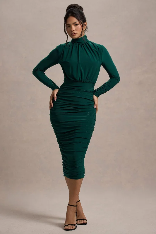 Dasha | Bottle Green Ruched High-Neck Long-Sleeve Midi Dress