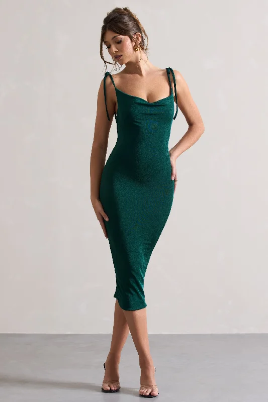 Irina | Bottle Green Cowl-Neck Bodycon Midi Dress