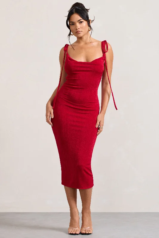 Irina | Red Cowl-Neck Bodycon Midi Dress