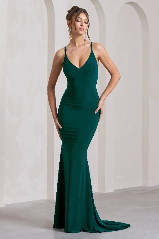 Lucky Number | Bottle Green Cross Back Fishtail Maxi Dress