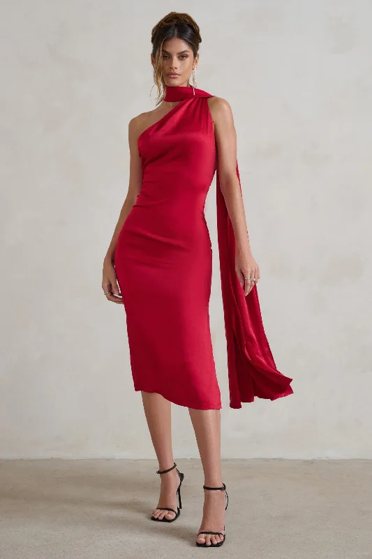 Madame | Berry Red Satin Asymmetric Scarf Neck Backless Midi Dress