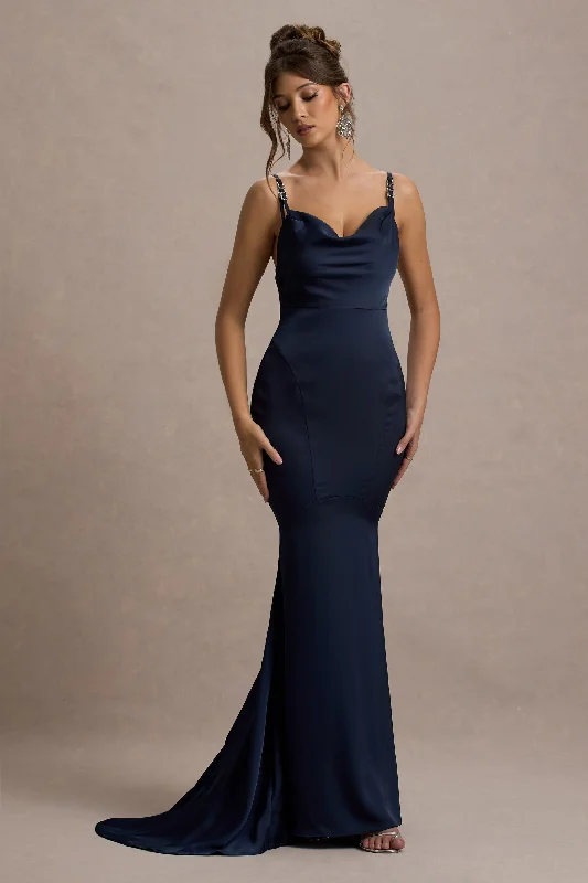 Made With Love | Navy Satin Strappy Fishtail Maxi Dress