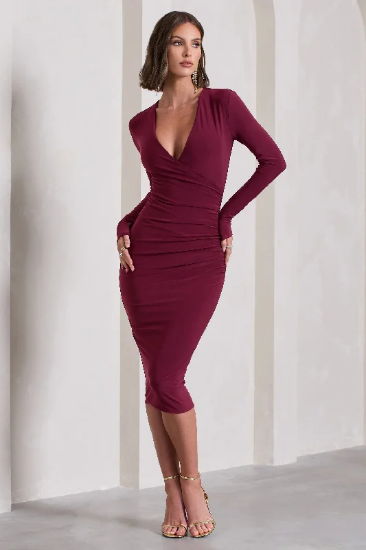 Marcia | Burgundy Bodycon Plunge-Neck Midi Dress