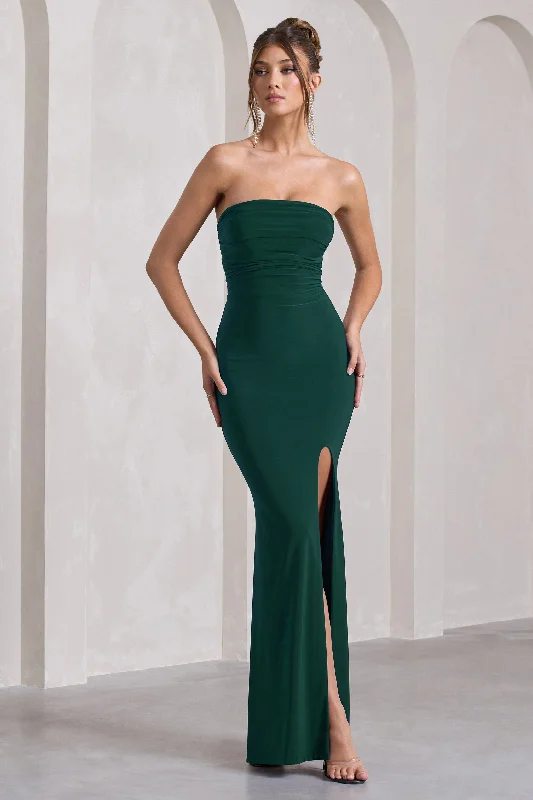 Midnight Calling | Bottle Green Bandeau Split Lace-Up Maxi Dress