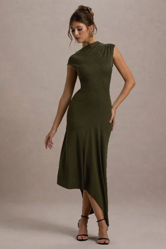 Ondine | Khaki Asymmetric Draped Midi Dress