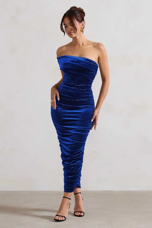 Remember Me | Cobalt Blue Velvet Ruched Asymmetric Bodycon Midi Dress