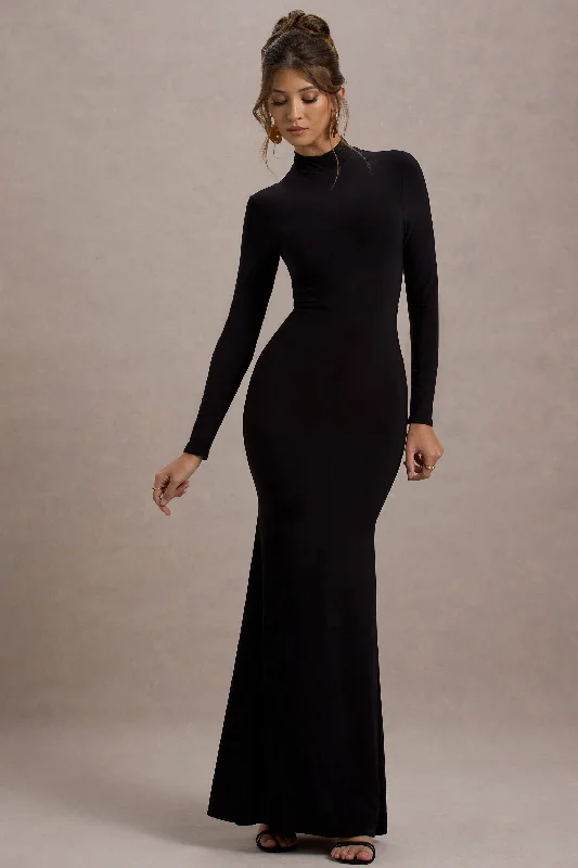 Tova | Black High-Neck Long-Sleeve Fishtail Maxi Dress