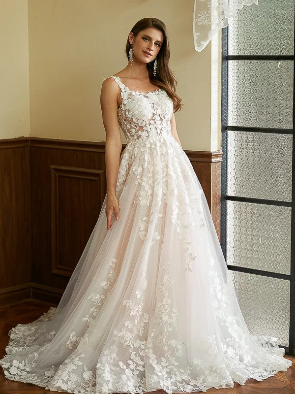 A-Line/Princess Tulle Applique Straps Sleeveless Court Train Wedding Dresses