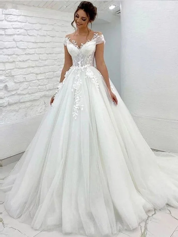 A-Line/Princess Tulle Lace Scoop Short Sleeves Sweep/Brush Train Wedding Dresses