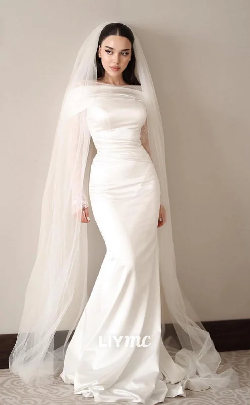 LW387 - Off-Shoulder Long Lace Sleeves Sleek Satin Mermaid Wedding Dresses