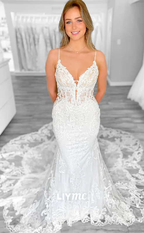 LW412 - Spaghetti Straps Sheer Lace Appliques Open Back Beach Wedding Dress